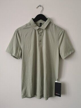 NWT LULULEMON AFEI Light Green White Stripe Evolution Polo Shirt Men's Medium